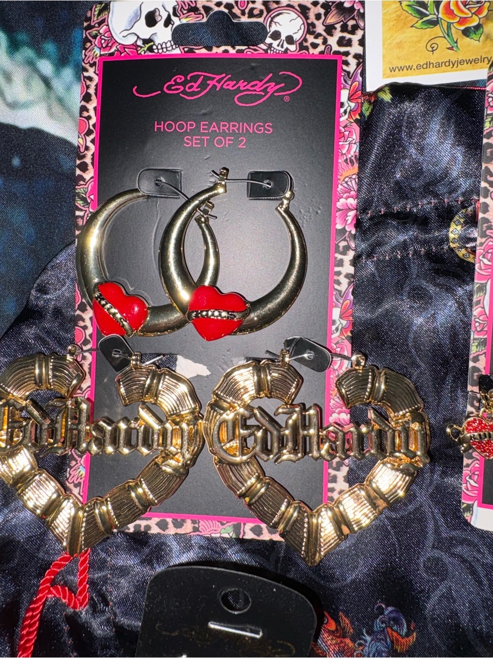 Ed Hardy Gold Hoop Earrings with Red Heart Detail - Set of 2